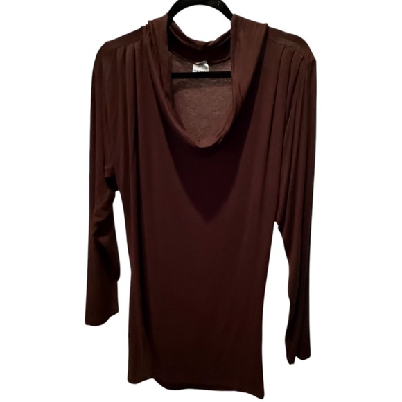 Momo Women's Pleat Shoulder Cowl Neck Brown Tunic Length Blouse Size Large - Picture 1 of 10